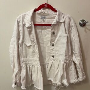 Mud Pie White Cropped Jean Jacket with Ruffled Hem